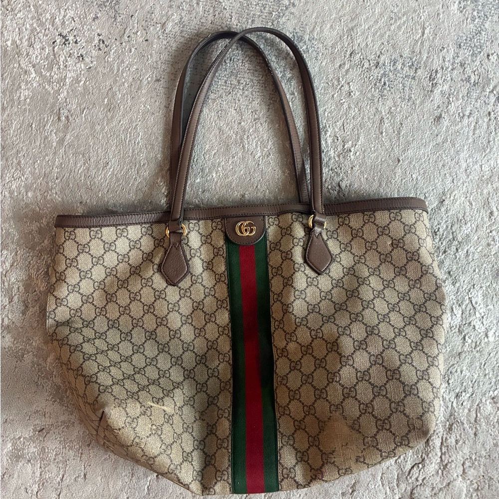 Gucci Beige and Brown Tote with Green and Red Stripe